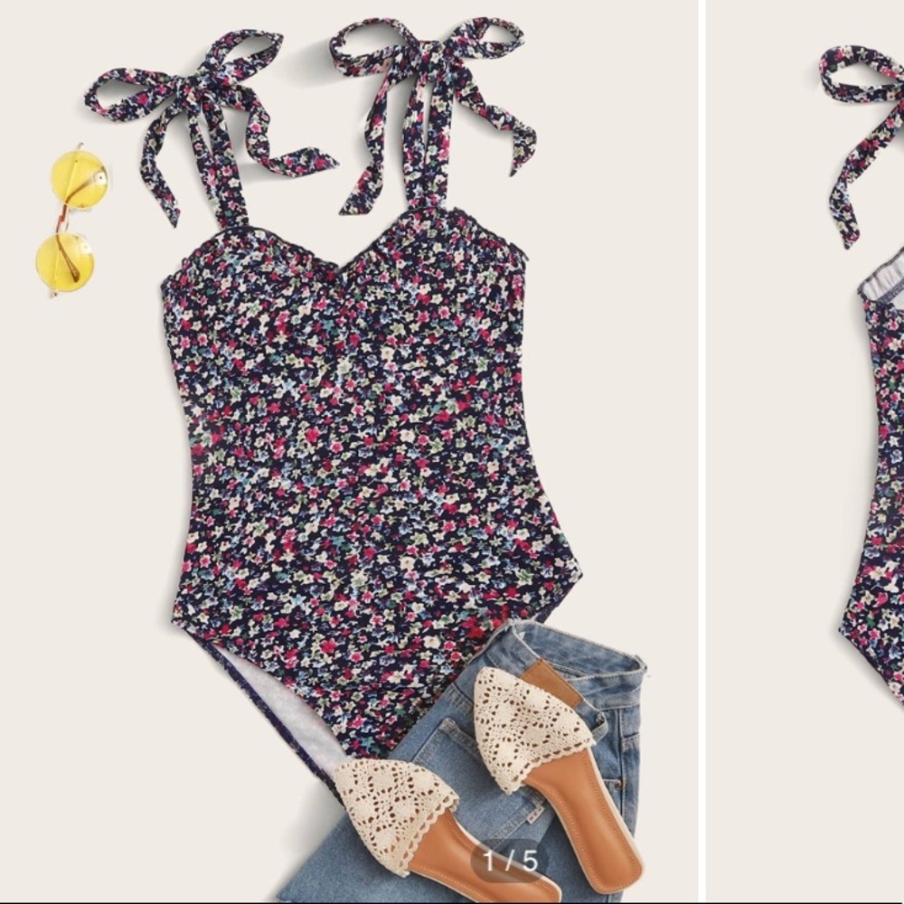 SHEIN knot shoulder frill trim floral bodysuit